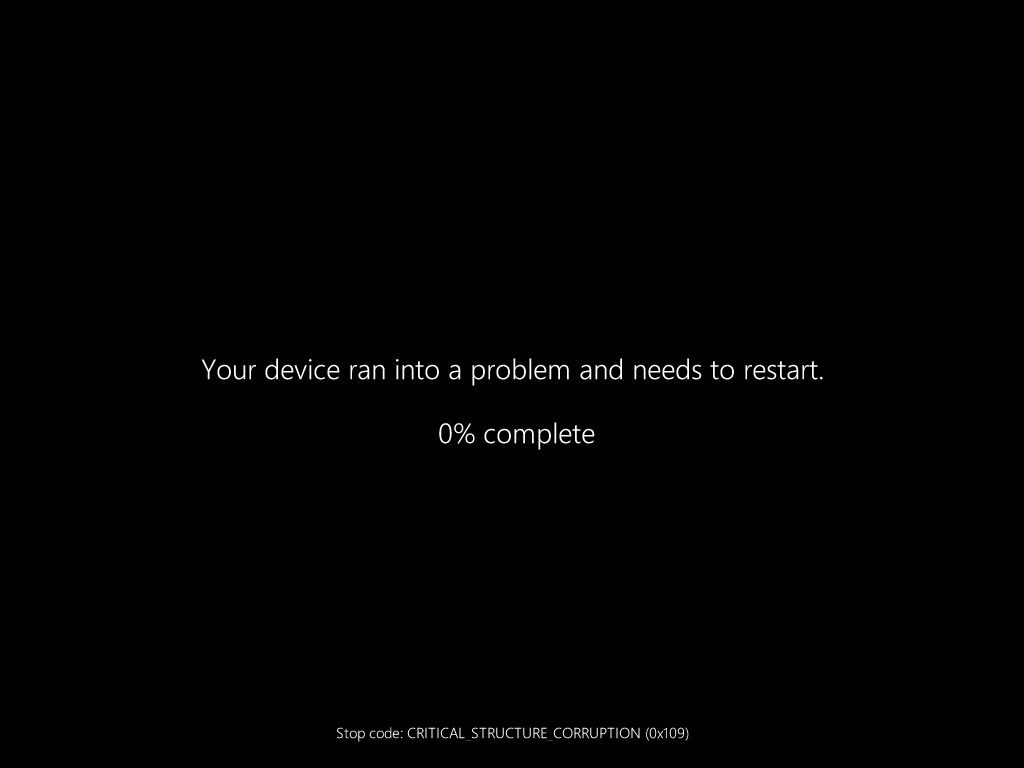 Windows bugcheck screen showing CRITICAL_STRUCTURE_CORRUPTION with stop code 0x109